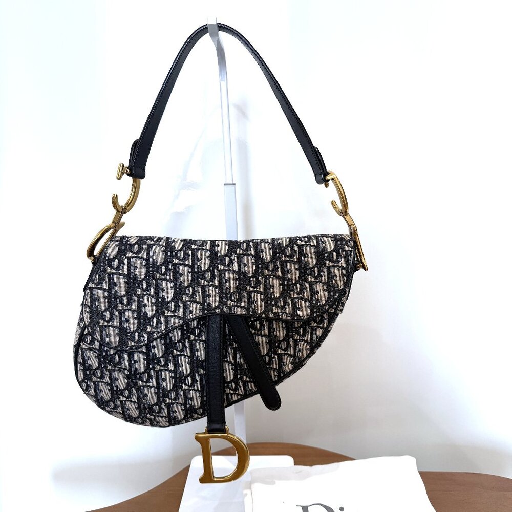 Christian Dior Oblique Saddle Bag Blue Medium w/ Dust Bag